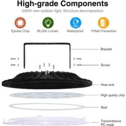 HIGHSAM 5PC Suspension UFO 6000K LED Rond Industriel Projecteur - 200W -Pas Cher Eclairage professionnel Magasin 48410047 4