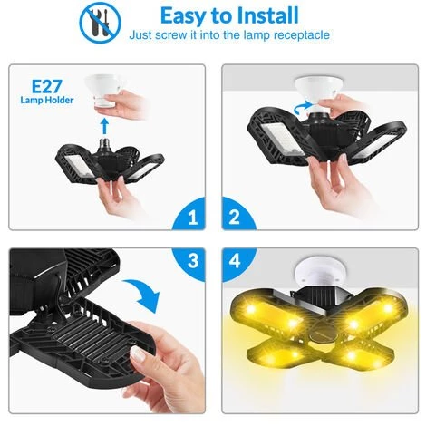 KARTOKNER Éclairage De Garage à LED,120W 12000LM E26 Deformable Lampe Avec 4 Panneaux Ajustables 3200K Hight Bay Light,Plafonnier LED Pour Garage Sous-sol Atelier Cave(Lumière Chaude) 6 KARTOKNER Éclairage De Garage à LED,120W 12000LM E26 Deformable Lampe Avec 4 Panneaux Ajustables 3200K Hight Bay Light,Plafonnier LED Pour Garage Sous-sol Atelier Cave(Lumière Chaude) – Image 4