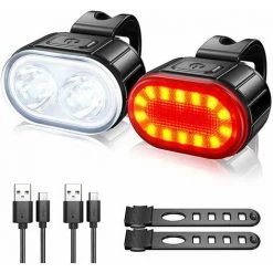 Lumiere Velo Ensemble, Eclairage Lampe Velo LED Puissant Kit Rechargeables Par USB, 4/6 Modes Lumière Vélo Avant Et Arriere Etanche IPX5 Nuit Lampe De Sécurité Pour Cyclysme, VTT, VTC-BISBISOUS