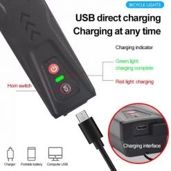 MONLY Vélo Lumière Point Culminant Vélo Phare USB Charge Sans Fil Klaxon VTT Nuit équitation éclairage Klaxon Vélo Accessoires -Pas Cher Eclairage professionnel Magasin 59797655 5